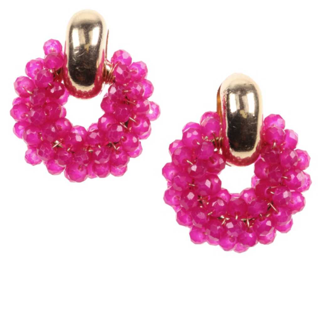 Oorbellen Fuchsia Rond met Goudkleurige Steker – Kristalkralen