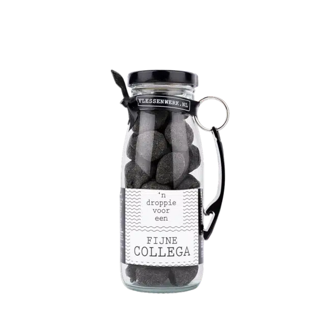 Dropflesje 250 ml ‘n Droppie voor een fijne collega! met flessen opener