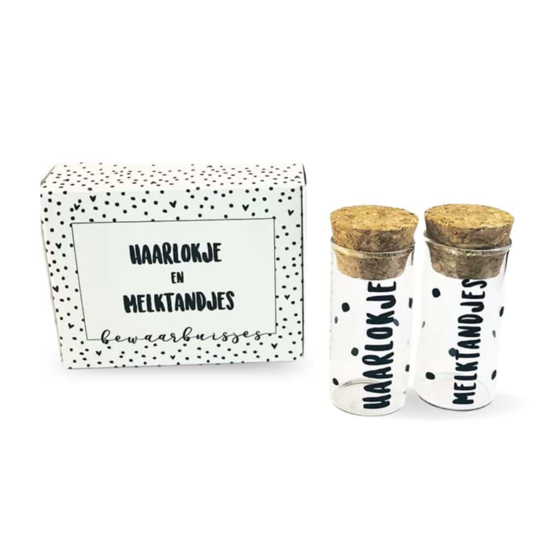 Haarlokje en Melktandjes buisjes in cadeauverpakking