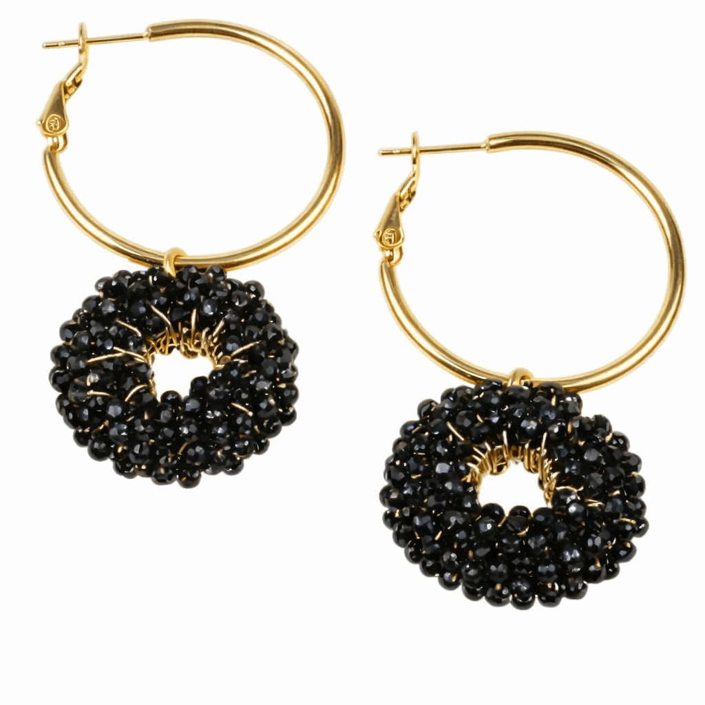 Goudkleurige ronde Oorbellen met Kristalkralen zwart